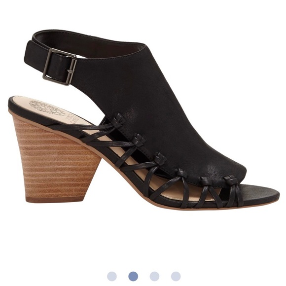 Vince Camuto Ankara Leather Sling Back Peep Toe Black Block Heel  Sandals - Picture 2 of 10